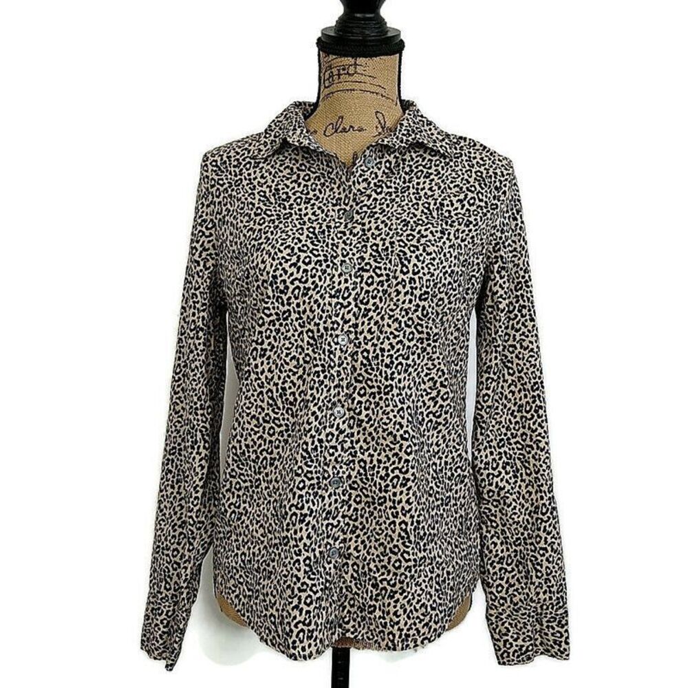 J Crew Womens sz M Top Brown Cheetah Animal Print Button Up Long Sleeve Collared